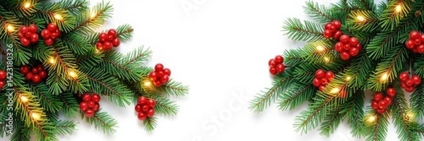 Fototapeta Decorative Christmas border with coniferous branches, garlands of lights, seamless design, border, Christmas