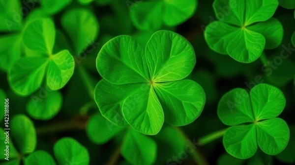 Fototapeta Four-leaf clover with vibrant green leaves symbolizing luck and good fortune, background, luck