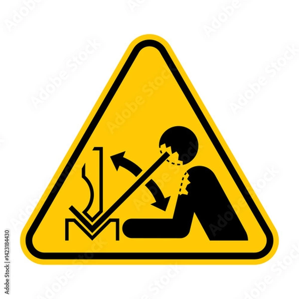 Fototapeta Rapid movement of workpiece in press brake sign. Vector illustration of yellow triangle warning sign with protruding workpiece being processed by operator. Caution symbol. Accident at work.