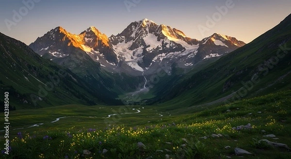 Fototapeta Snowy Mountain Range with Green Valley and Flowers