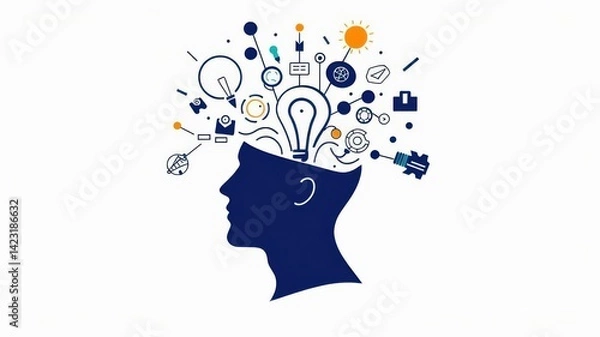 Fototapeta Illustration of a flat design thinking figure pondering, graphic design, contemplating