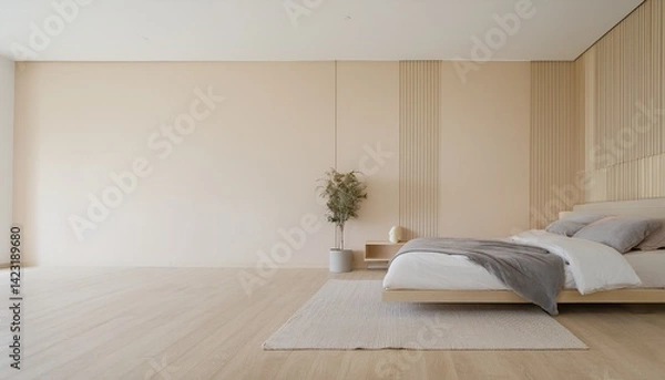 Fototapeta bedroom with cream walls, space for text.