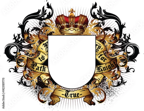 Fototapeta Heraldic shield with a crown, richly ornamented, on a white background. 3D vector. High detailed realistic illustration