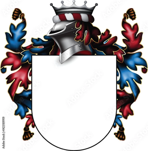 Fototapeta Heraldic shield decorated with a crown and helmet, richly ornamented, on a white background. High detailed realistic illustration