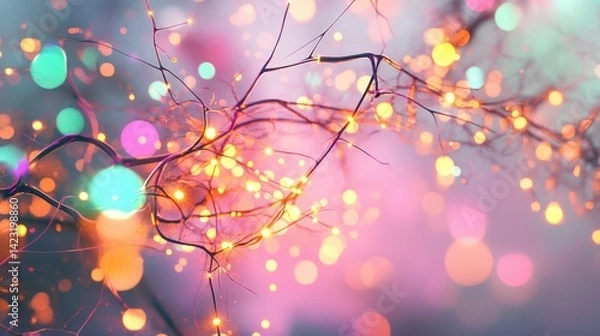 Fototapeta Electric data pulses moving through 3D circuits of an abstract neural network