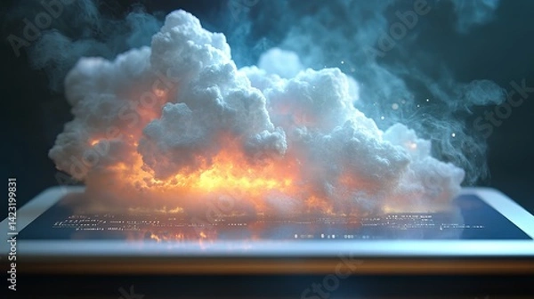 Obraz Dramatic cloud explosion on digital tablet screen fiery orange and white cloud computing technology