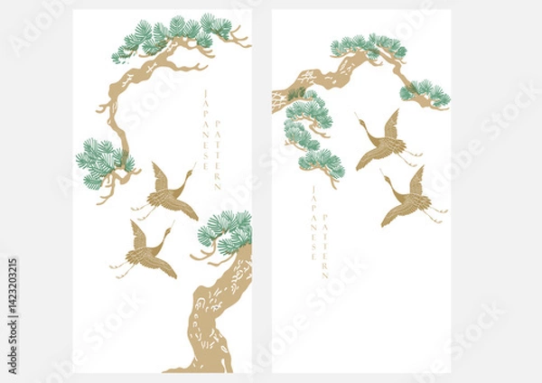 Fototapeta Bonsai tree and cran birds elements. Geometric pattern in vintage style. Japanese background with Asian traditional icon vector.