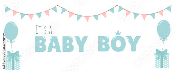 Fototapeta Vector banner for the birth of a little boy with garlands and gifts