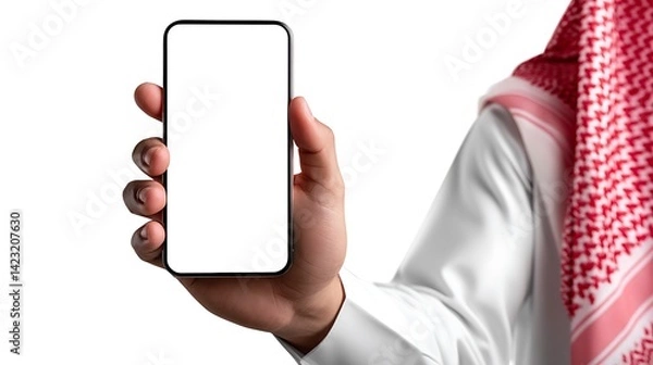 Obraz Muslim Man with White Saudi Dress and Red Shemagh is Holding Smartphone with White Blank Screen Mockup : Suitable for Be Used in Content Related to Technology Theme.