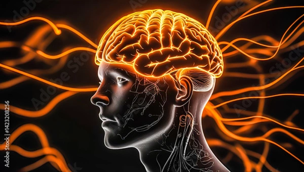Obraz Glowing Orange Neural Network Brain Profile Illustration