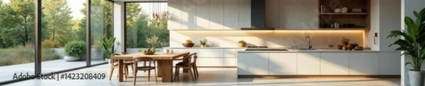 Fototapeta Minimalist kitchen with large windows and open-concept space , high-rise building, large windows