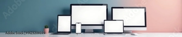 Fototapeta Mockup computer and mobile devices with blank screens for design showcasing , tech, computer, blank