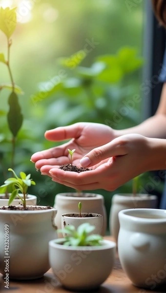 Fototapeta Planting seedlings with soil in warm morning light

