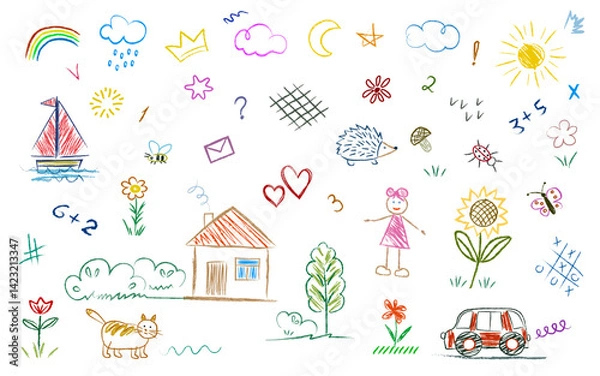 Fototapeta Baby doodles drawn with a brush pencil. House, girl, sun, sunflower, hedgehog, cat, mushroom. Elements colored children's set. Vector illustration, all objects isolated.