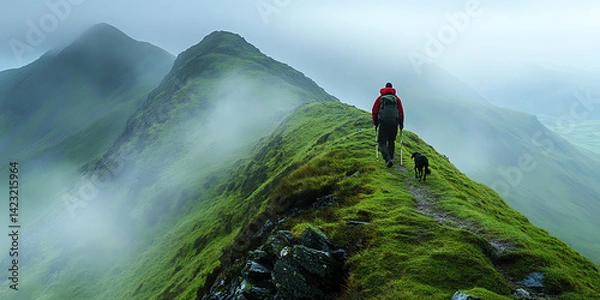 Fototapeta A lone hiker and his dog trek along a misty mountain ridge path It evokes a sense of adventure and freedom Use it for travel and adventure themes