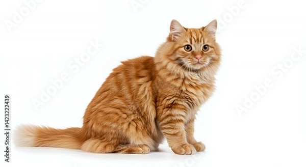 Obraz Fluffy Ginger Tabby Cat Sitting Isolated on White Background Features Vibrant Orange Fur And a Tabby Pattern With an Attentive Expression Looking at Camera