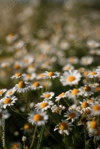 Obraz Beautiful daisies on green field, top view, selective focus