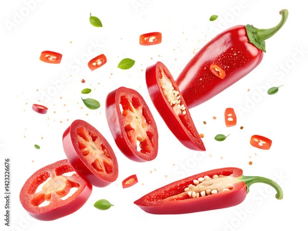 Fototapeta red jalapeno slices flying isolated on white background, PNG