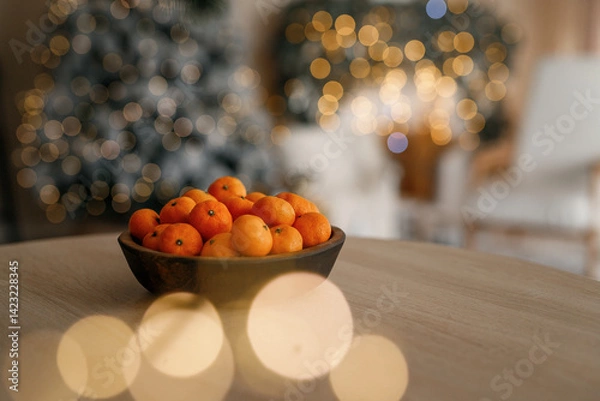 Fototapeta Fresh tangerines in a plate on a table with lights 
