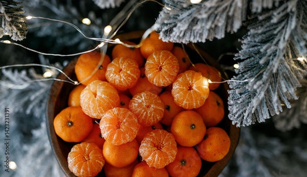 Obraz Plate with tangerines under a beautiful New Year tree. View from above