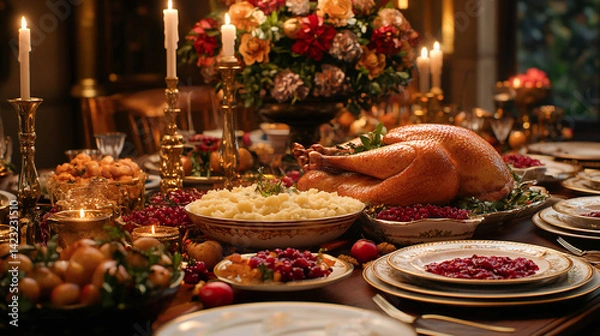 Fototapeta A beautifully decorated Thanksgiving dinner table featuring classic dishes like mashed potatoes, cranberry sauce, and roasted turkey, warmly lit by soft candlelight