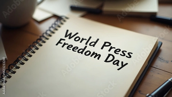 Fototapeta World press freedom day written in a reporter's notebook, symbolizing the importance of free speech and press right