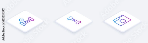 Obraz Set Isometric line Hospital bed, Human broken bone and Patient record. White square button. Vector