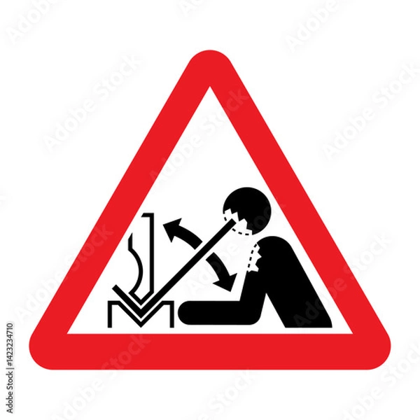 Fototapeta Rapid movement of workpiece in press brake sign. Vector illustration of red triangle warning sign with protruding workpiece being processed by operator. Accident at work. Caution symbol.