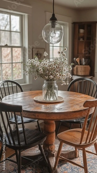 Obraz A warm dining area features a round wooden table surrounded by mismatched chairs, with wildflowers in a mason jar as the centerpiece, offering a welcoming space for meals and conversation.