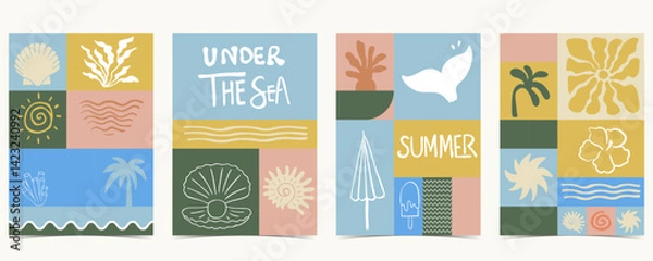 Fototapeta Summer geometric background with shell,flower,fish tail. graphic for a4 vertical design