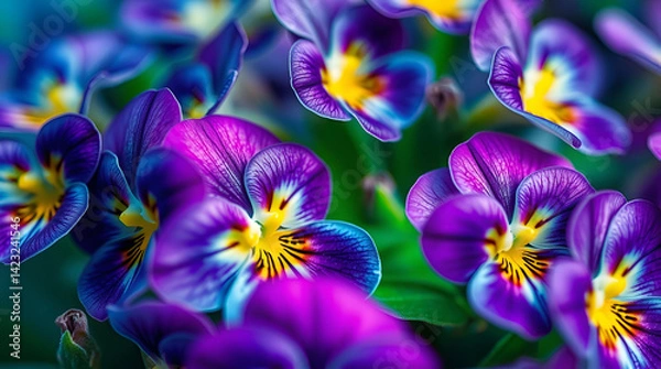 Fototapeta Close-up of vibrant purple and violet pansies with yellow-white centers, showcasing velvety petals and rich textures against a softly blurred floral background of similar hues ai.

