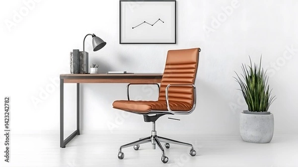 Fototapeta Modern minimalistic home office workspace with a sleek brown leather adjustable chair, wooden desk, potted plant, desk lamp, and inspi wall art in a bright room