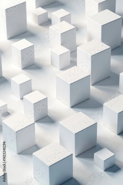 Fototapeta White cubes and blocks scattered across a neutral-colored ground, white, block