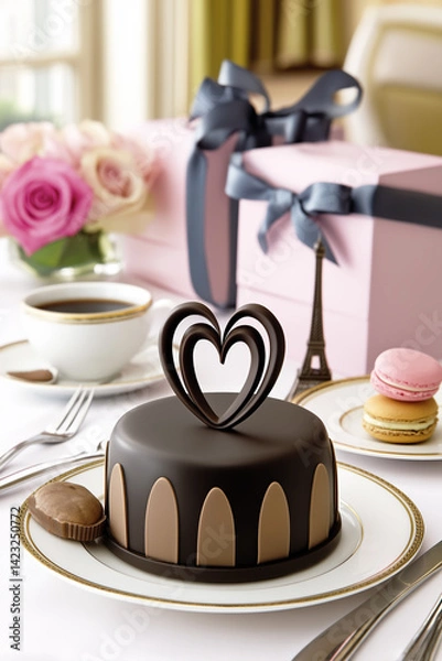 Fototapeta Elegant individual chocolate cake decorated with chocolate petals and a heart topper, part of a romantic Parisian-themed table setting.