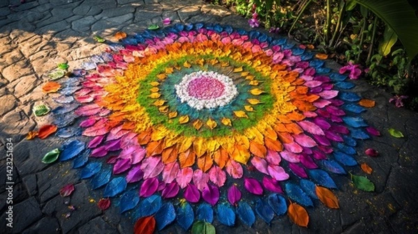 Fototapeta Colorful floral rangoli design created with petals and colored powders at a festive celebration during daylight