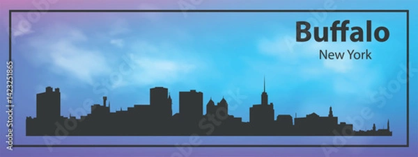 Fototapeta Silhouette of the Buffalo skyline, New York, USA. The view of the city skyline is set against a blue sky with a purple gradient, which creates an atmosphere of calm and evening comfort.