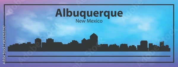 Fototapeta Silhouette of the Albuquerque skyline, New Mexico, USA. The view of the city skyline is set against a blue sky with a purple gradient, which creates an atmosphere of calm and evening comfort.