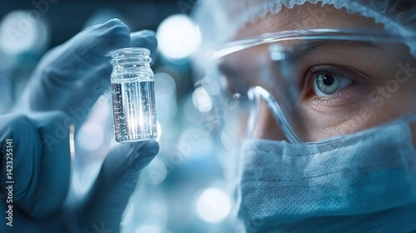 Fototapeta Scientist examining glowing liquid sample during medical research inside sterile laboratory workspace