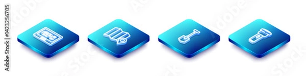 Fototapeta Set Isometric line Gps device with map, Location of the forest on, Shovel and Flashlight icon. Vector