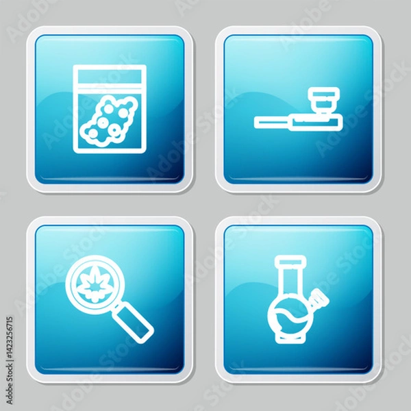 Fototapeta Set line Plastic bag of cannabis, Smoking pipe, Magnifying glass and marijuana and Glass bong for smoking icon. Vector