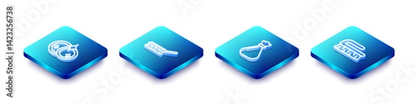 Fototapeta Set Isometric line Washing dishes, Brush for cleaning, Garbage bag and icon. Vector