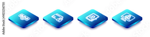 Obraz Set Isometric line Password protection, Folder and lock, Tablet with closed padlock and Monitor exclamation mark icon. Vector