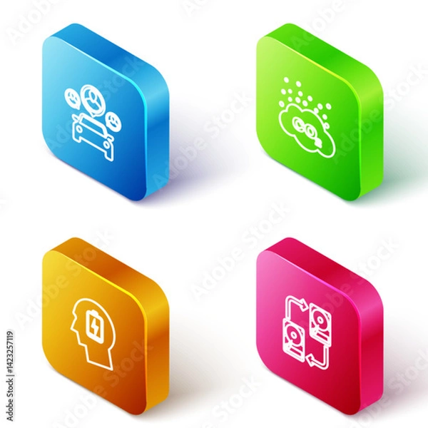 Fototapeta Set Isometric line Car sharing, CO2 emissions cloud, Head with low battery and Data exchange hhd icon. Vector