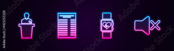 Fototapeta Set line Speaker, Paper or financial check, Smart watch heart beat rate and mute. Glowing neon icon. Vector