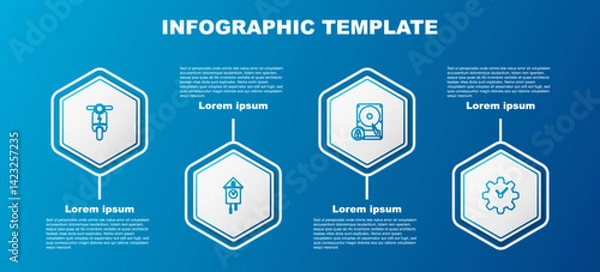 Fototapeta Set line Electric scooter, Retro wall watch, Hard disk drive and lock and Time Management. Business infographic template. Vector
