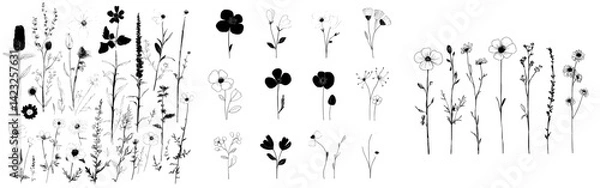 Fototapeta Vector illustration of various flower and plant icons in black and white suitable for design projects