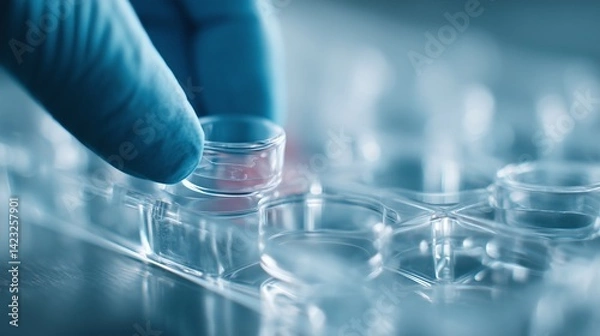 Fototapeta Close-up of gloved hand lifting petri dish from tray in scientific laboratory setting