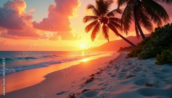 Obraz Warm sunsets on sandy beach with swaying palm trees in soft focus, sunset, beach