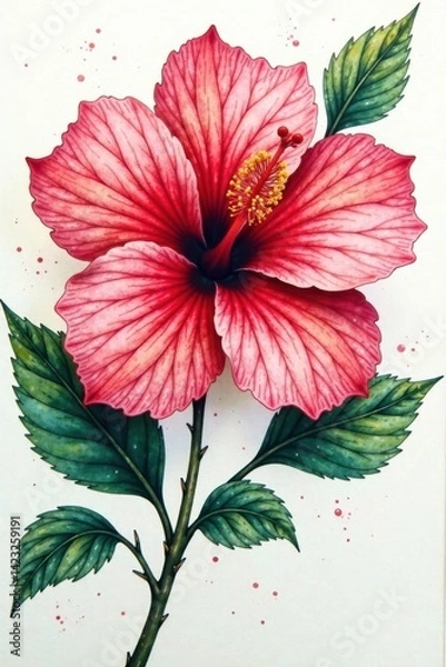 Obraz Watercolor hibiscus leaf with intricate patterns, , orchid-like