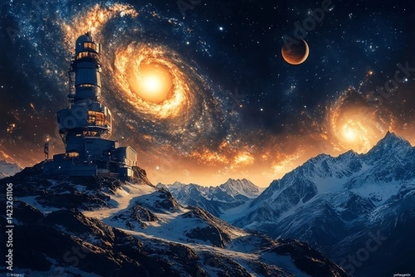 Obraz Futuristic Observatory on Snowy Mountain with Galaxy